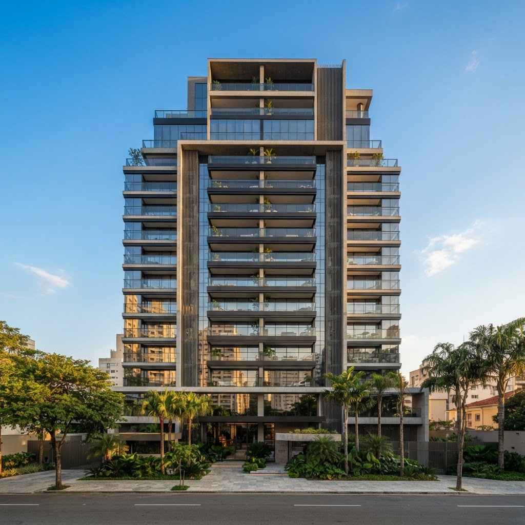 Edifício residencial moderno representando o mercado de locação atendido pelo Astra Escala+
